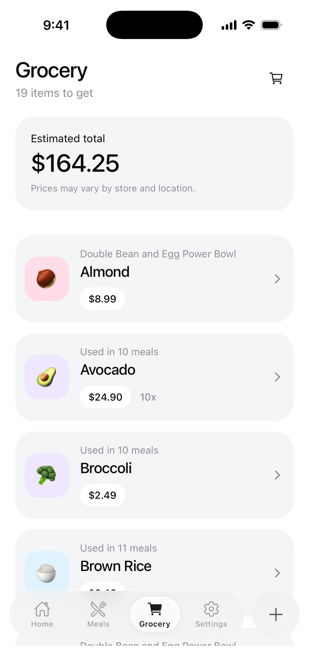 Meal Up Grocery tab showing an estimated total and ingredients grouped by meal