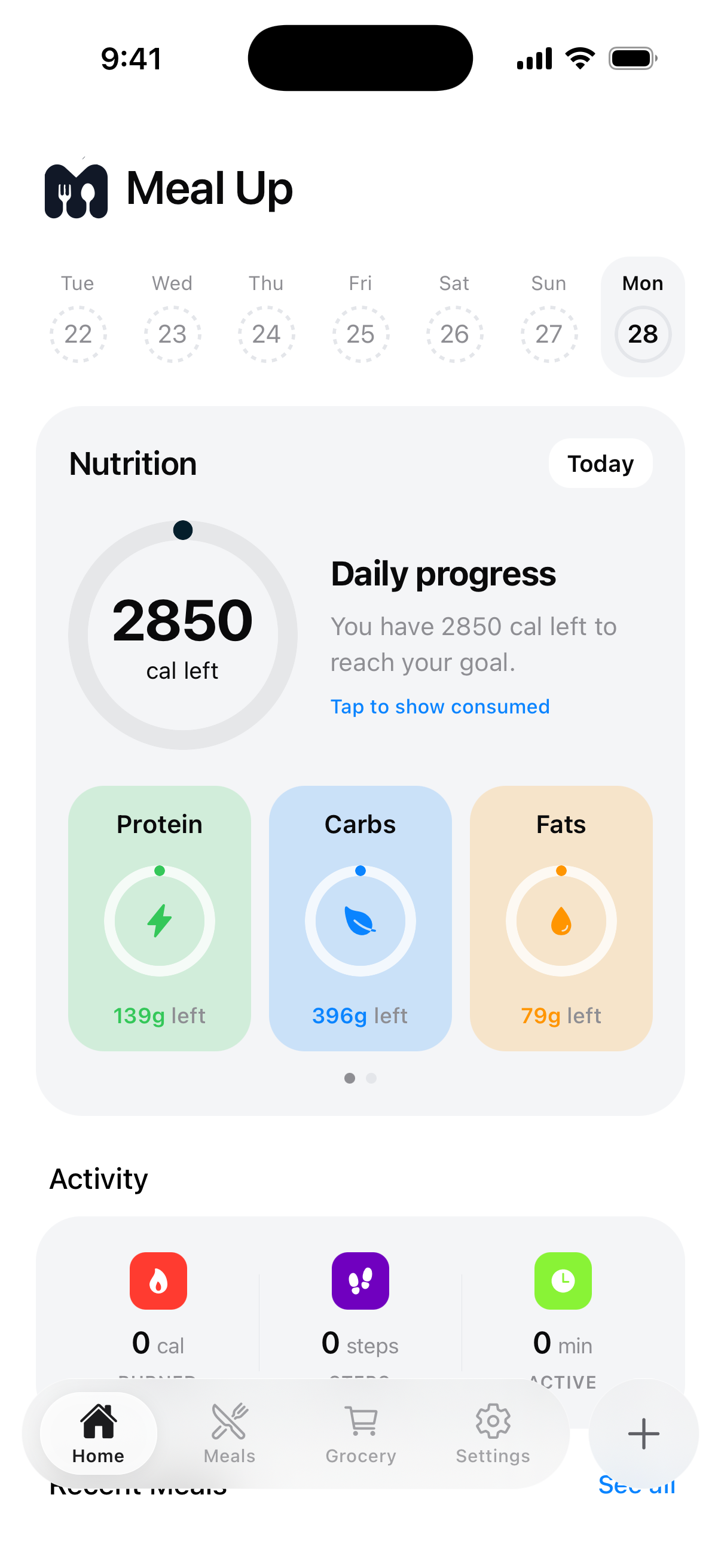 Meal Up home screen showing calories and macros left for the day